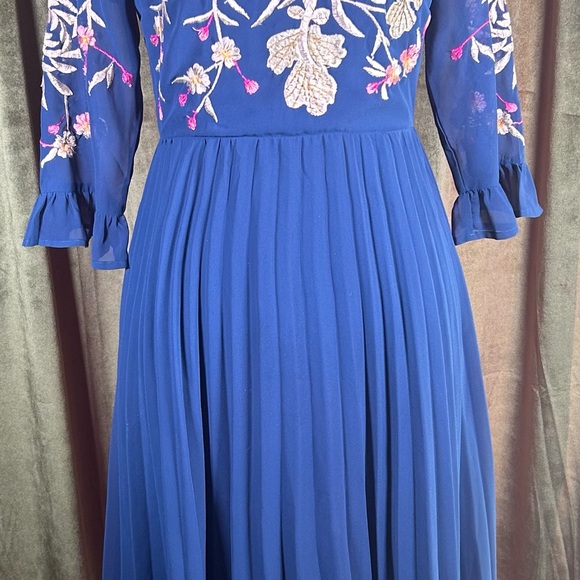 NWT ASOS Royal Blue Embroidered Pleated Midi Dress - Picture 2 of 6